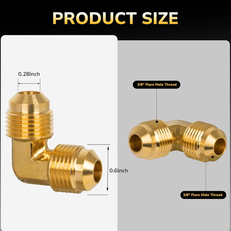 JUWO 3/8" x 3/8" Male Flare Brass Flare Fitting, 90 Degree Elbow, Tube Fitting, Propane, Fuel, Gas Adapter, Durable Brass Pipe Connector - Image 2
